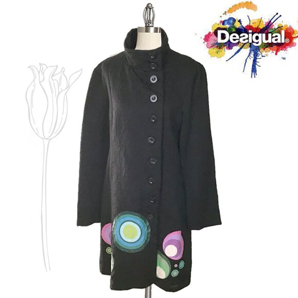 DESIGUAL Long Sleeve Brocade Patterned Collar Button-Down Coat - Picture 1 of 13